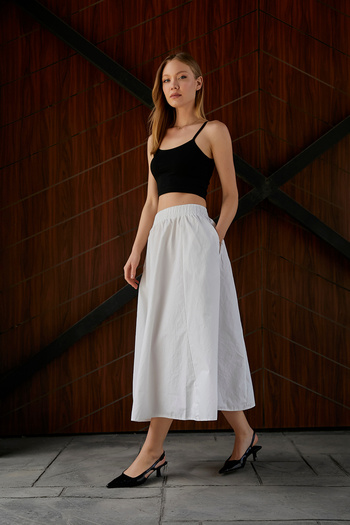 Arma Life Women's Elastic Flared Poplin Long White Skirt with Pockets