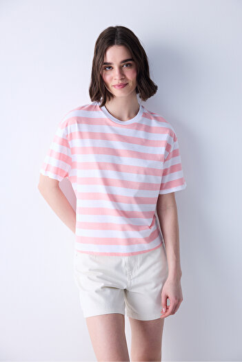 Penti Κοντομάνικο ροζ ριγέ Crop T-shirt
