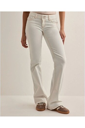 VibeGaia White Low Waist Bootcut Stitched Jeans