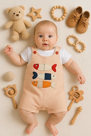 CNDR 3-18 Months Baby Boy Overalls Fish Short Sleeve Orange