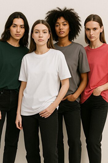Rich Women's 4-Pack Anthracite-White-Grey-Pink Oversize T-Shirt 100% Cotton Crew Neck T-Shirt