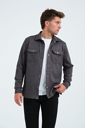 Rich Gray Men's Suede Shirt Tee Top Thick Shirt Smoked Jacket