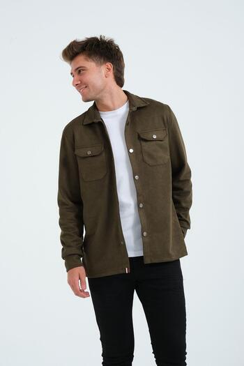 Rich Khaki Men's Suede Shirt Tee Top Thick Shirt Green Jacket