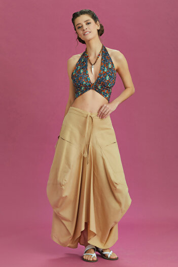 Los banditos Bohemian Style Pocketed Lace-Up Waist Long Loose Skirt