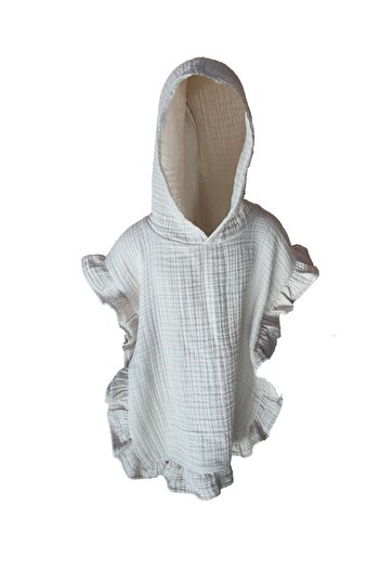 Lucy and Home 4 Layer Hooded Muslin Poncho - 100% Cotton, Ruffle Detailed, Ecru