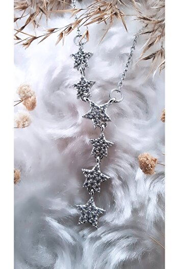 Serenity Zircon Stone Steel Necklace with Row of Stars