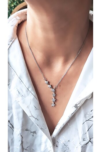 Serenity Zircon Stone Steel Necklace with Row of Stars