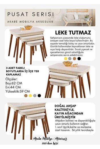 Akabesan Aksesuar Pusat Serisi Dekoratif Tasarım Kayın Ağacından Üst Kalite Krem Ceviz Ayaklı 3'lü Zigon Sehpa