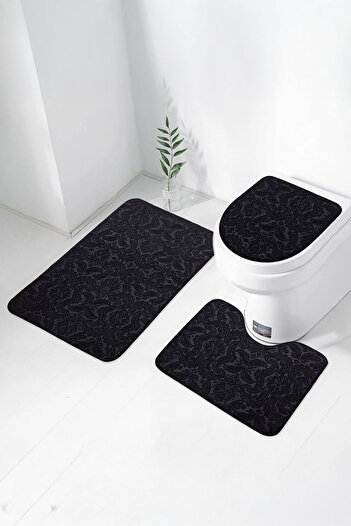 Bestekar Luvora Black Patterned Non-Slip Based Machine Washable Soft 3-Piece Bathroom Set