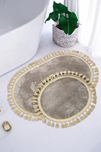 Bestekar Lunasoft Coffee Double Tassel Oval Bath Mat Non-Slip Bottom Luxury Soft Washable Modern