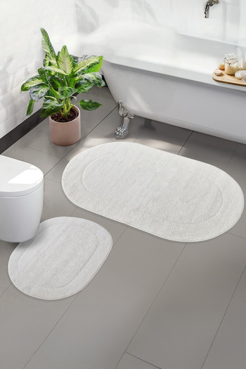 Bestekar Ellora Cream Oval Bath Mat Set of 2 Leather and Non-Slip Base Soft Textured Machine Washable