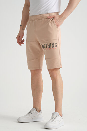 Shooter Sportswear Premium Men's Shorts Beige Print Detailed Zipper Pocket Detailed Regular Fit
