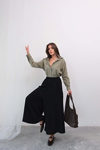 Hatun Atila Beli Lastikli Geniş Kesim Kloş Double Krep Pantolon Etek - Siyah
