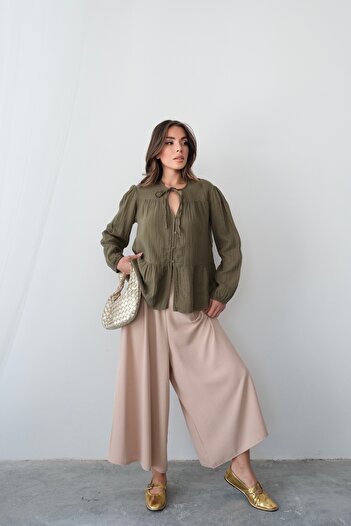 Hatun Atila Wide Cut Flared Double Crepe Trouser Skirt with Elastic Waist - Light Beige