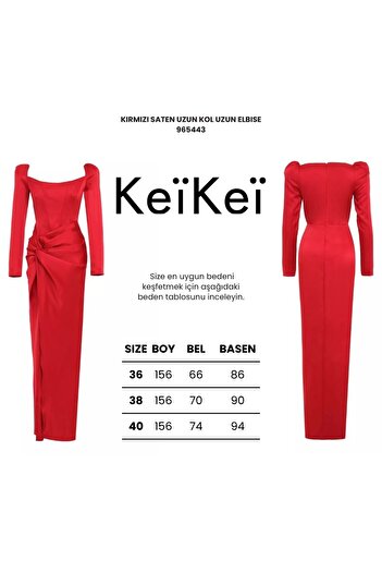 Keikei Kırmızı saten uzun kol uzun elbise