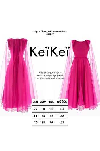 Keikei Fuşya tül uzun kol uzun elbise