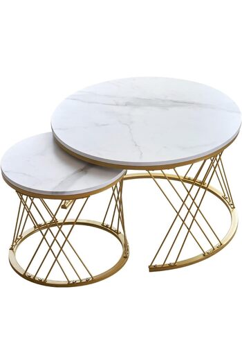 Generic Modern Faux White Marble Finish Round Nesting Coffee Table Set of 2 One Small and One Big Side Tea T