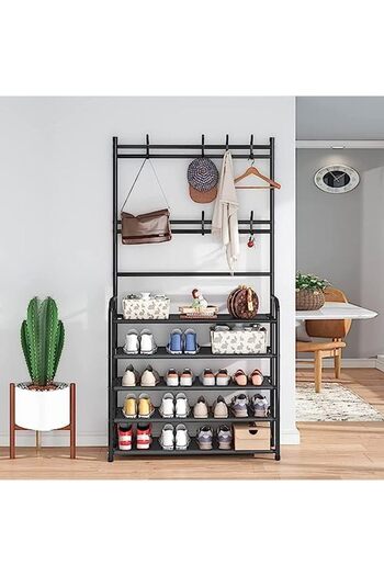 Generic Fohome 5-Tier Coat Rack with Shoe Rack, 3 in 1 Shoe Organizer Cabinet Entryway with 8 Hooks