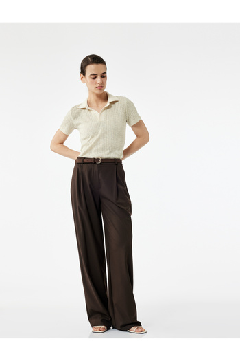 Koton Glitter Short Sleeve Polo Neck T-Shirt with Metallic Thread Detail