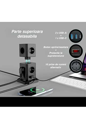 INNOVIO Prelungitor tip turn detasabil INNOVIO®, Putere mare 4000W/16A, 10 prize, 3 porturi USB