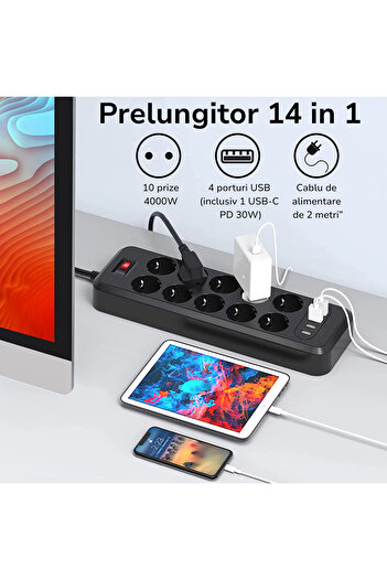 INNOVIO Prelungitor INNOVIO® de Putere Mare 4000W 16A, 10 Prize cu 4 Porturi USB (USB-C PD 30W), Protectii
