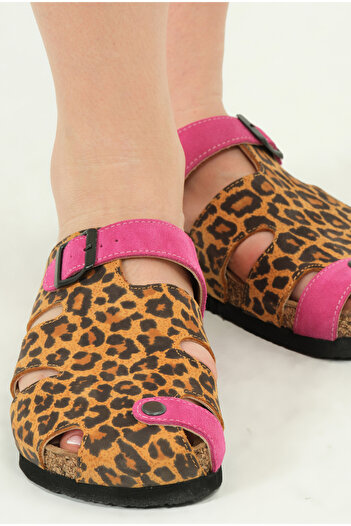 Lemoors Marta Natural Cork Sole Genuine Nubuck Leather Leopard Printed Women's Sabo Slippers