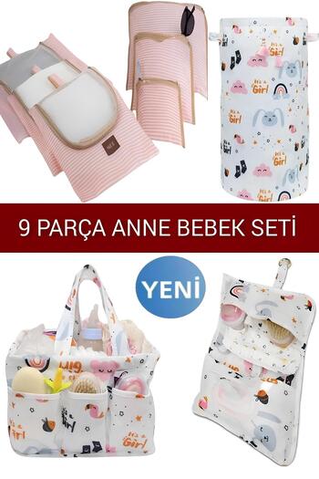 MorBebe 9 Parça Anne Bebek Seti - Çamaşır Sepeti, Bebek Çantası, Alt Açma Çantası, 6'lı Valiz Organizeri