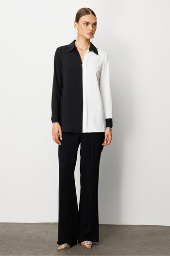 Moda İlgi Modailgi Black Ecru Combination Collar Stone Button Shirt Black/Ecru