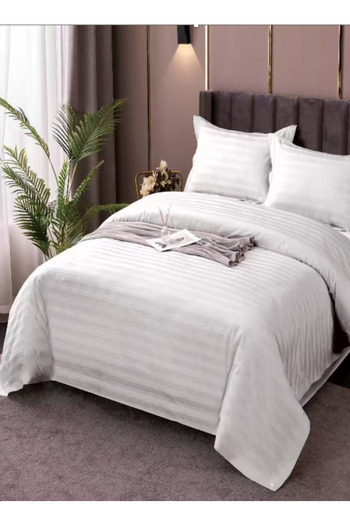 LUNA HOME Premium King Size 6 Pieces Plain White Striped Design, Bedding Set 220x240cm.