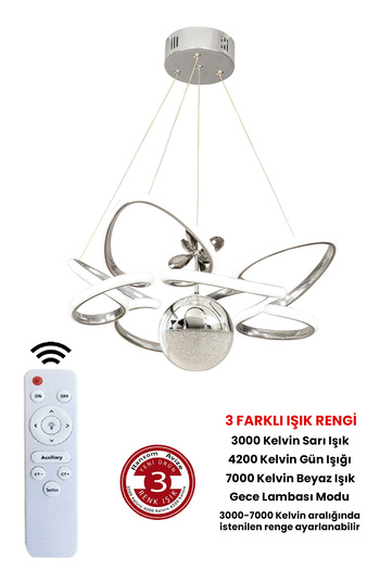 RANSOM 3 Renk Toplu Kumandalı Krom Gümüş Led Avize Modern Ledli Avize