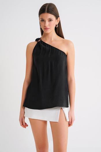 Mixray 4665 Women's Single Shoulder Strap Blouse Black