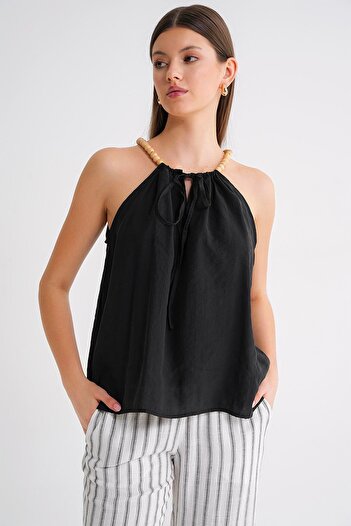 Mixray 4664 Women's Beaded Strap Blouse Black
