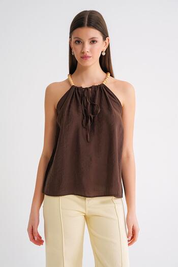 Mixray 4664 Women's Beaded Strap Blouse Brown