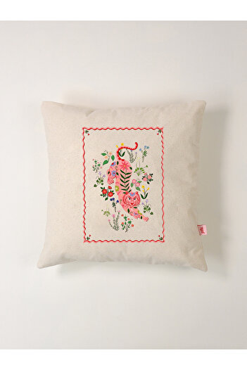 Galia Tasarım Flora Panther Çiçekli Pembe Kaplan Keten Kırlent Kılıfı 45x45 Cm
