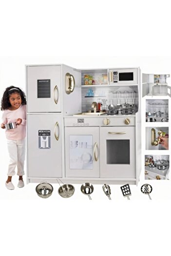 Smart Vibe Set Bucătărie Lemn Copii Kindervibe, Led, Sunete, Cuptor, Microunde, Chiuvetă, 80.5cm, Alb/auriu