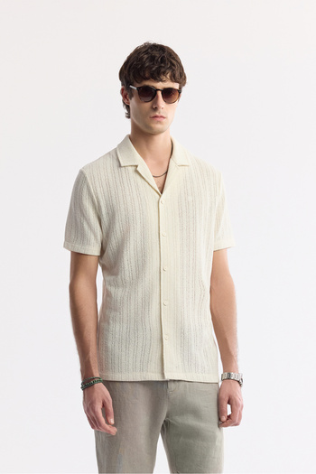 Avva Men's Regular Fit Ecru Lapel Jacquard Linen Blend Short Sleeve Shirt A51Y2207