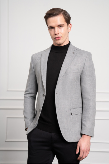 Morven Men's Gray Wool Patterned Dynamic Fit Relaxed Cut Mono Collar Jacket