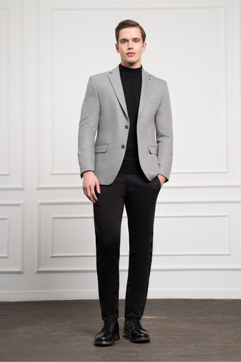 Morven Men's Gray Wool Patterned Dynamic Fit Relaxed Cut Mono Collar Jacket