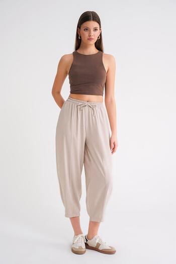 Mixray 4307 Women's Elastic Waist Piece Shalwar Trousers Stone