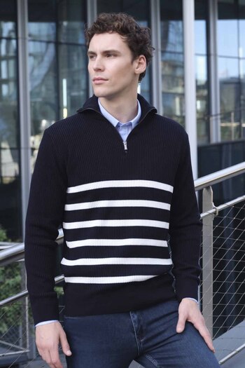 Morven Men's Navy Blue Trend Striped Zipper Stand Collar Dynamic Fit Comfortable Cut Knitwear