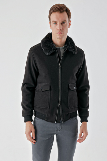Morven Men's Black Short Zipper Fur Collar Dynamic Fit Coat