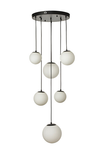 Avizemoda Pigaro 6 lı Beyaz Renk Camlı Salon Oturma Odası Modern Sarkıt Avize - (Siyah Kasa)