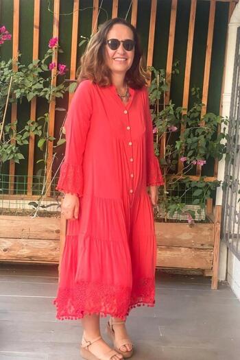 Zer Otantik Lace Detailed Pompom Plus Size Dress Mercan2