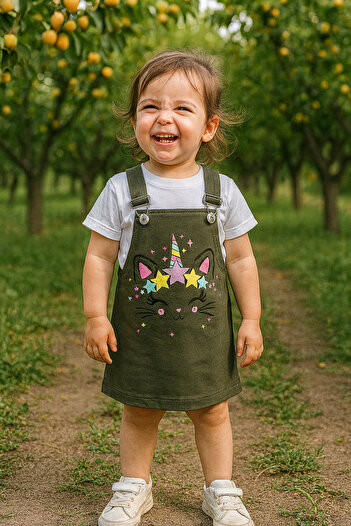 minikiss Girls' Gilet Dress with Cat Printed Gabardine Fabric Adjustable Strap