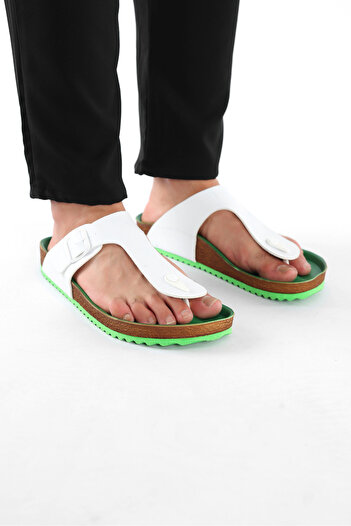COMFORT OF PANTOFOLE Men's White Green Flip Flops Cork