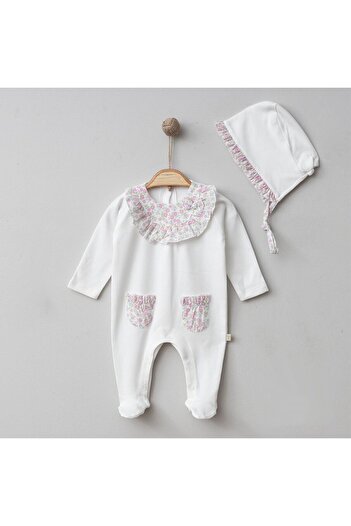 COLORFULLCLİPS Floral Patterned Seasonal Ecru Jumpsuit-0-3 Months
