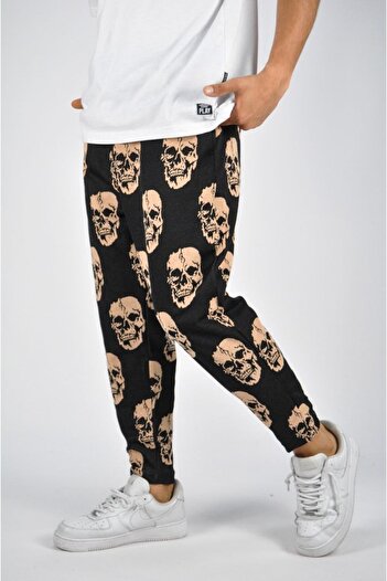FıttingRoom Baggy Trousers with Elastic Waist and Skull Pattern