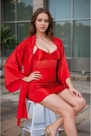 Loule Women's Clothing Red Lace Detailed String Strap Nightgown & Dressing Gown Set of 2 Ll.F01.Aa.L035