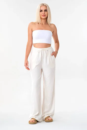 Fashion Showcase Linen Elastic Waist 100% Natural Fabric Trousers Ecru
