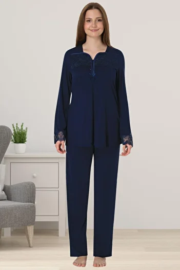 Lohussa Women's Navy Blue Special Design Cotton Maternity Pajama Set